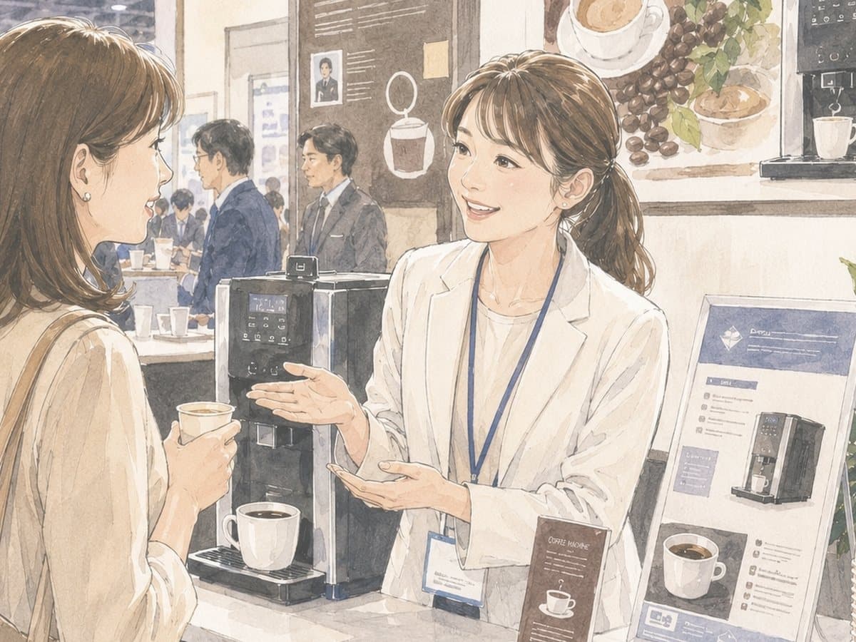 展示会ブースで来場者に商品説明を行う営業代行・販促支援のイメージ